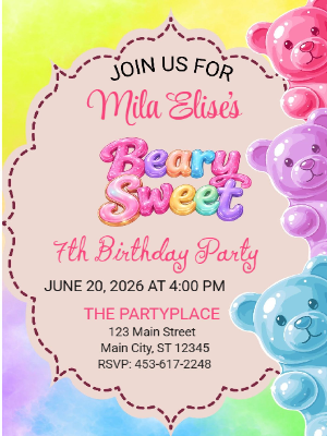 Beary Sweet Gummy Bear Candy Party Girls Kids Birthday Invitation 11