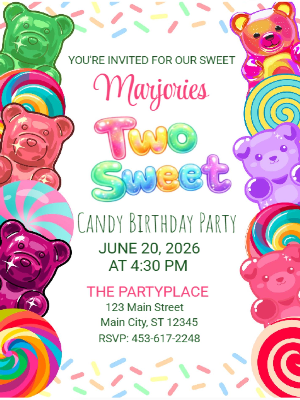 Two Sweet Gummy Bear Candy Party Girls Kids Birthday Invitation 12