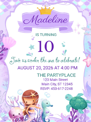 Mermaid Under the Sea Girls Kids Birthday Invitation