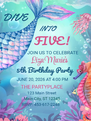 Mermaid Under the Sea Girls Kids Birthday Invitation 4