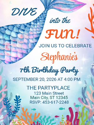Mermaid Under the Sea Dive into the Fun Girls Kids Birthday Invitation 5