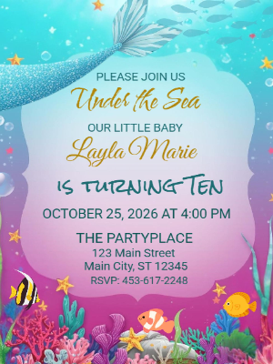 Mermaid Under the Sea Girls Birthday Invitation Kids Birthday Invitation 11