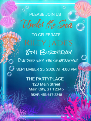 Neon Under the Sea Girls Birthday Invitation Kids Birthday Invitation 9