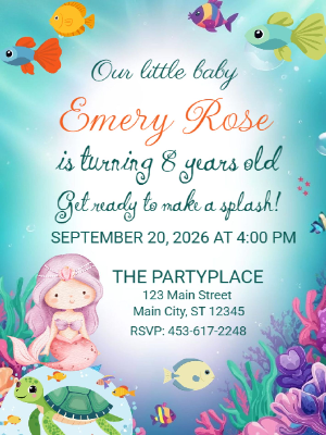 Mermaid Under the Sea Girls Kids Birthday Invitation 3