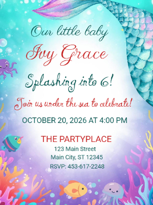 Mermaid Under the Sea Girls Kids Birthday Invitation 2