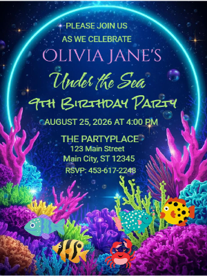 Neon Glow Under the Sea Girls Birthday Invitation Kids Birthday Invitation 13