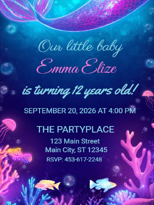 Neon Glow Mermaid Under the Sea Girls Kids Birthday Invitation 15