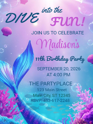 Mermaid Under the Sea Dive into the Fun Girls Kids Birthday Invitation 16