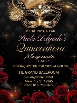 Modern Elegant Red Floral Masquerade Quinceañera Birthday Invitation 5