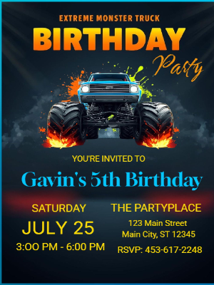 Monster Truck Kids Birthday Invitation