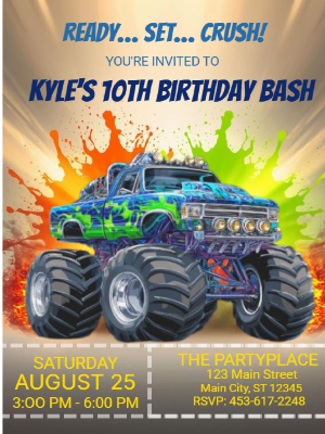 Monster Truck Kids Birthday Invitation Boys Kids Birthday Party