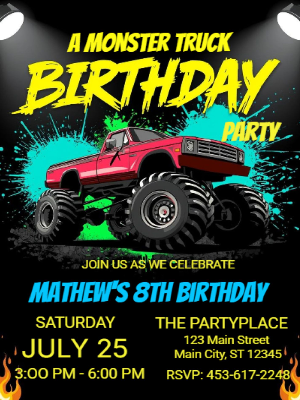 Monster Truck Kids Birthday Invitation Kids Birthday Party Invitation