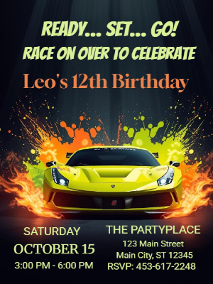 Yellow Racing Car Kids Birthday Invitation Kids Birthday Party Invitation