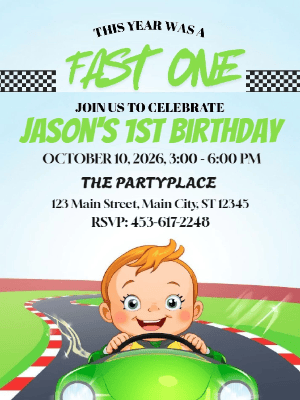 Green Car Kids Birthday Invitation, Fast One Car Kids Birthday Party Invitation