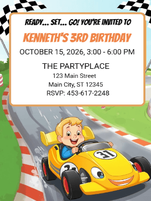 Yellow Racing Car Kids Birthday Invitation Car Kids Birthday Party Invitation 6