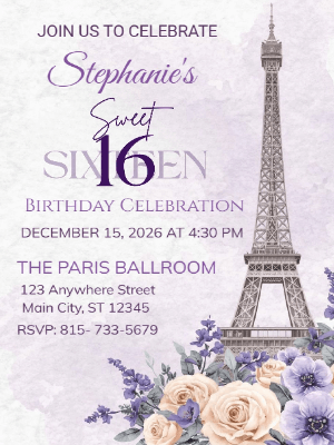 Elegant Purple Butterfly Floral Gold Arch Paris Eiffel Tower Sweet 16 Birthday Invitation 4