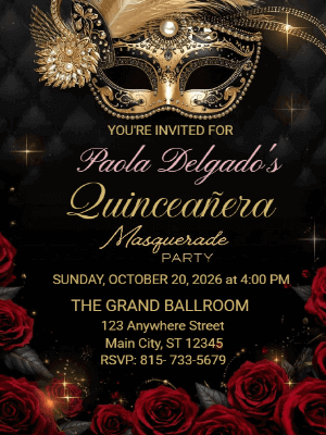 Modern Elegant Red Floral Masquerade Quinceañera Birthday Invitation 5