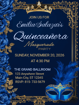 Elegant Blue Floral Masquerade in Gold Quinceañera Birthday Invitation 11