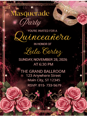 Luxury Elegant  Pink Floral in Gold Masquerade Quinceañera Birthday Invitation