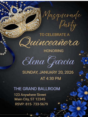 Elegant Blue Floral Masquerade in Gold Quinceañera Birthday Invitation 2