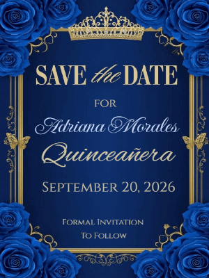 Elegant Deep Blue Floral with Gold Frame and Tiara Quinceanera Save the Date 3