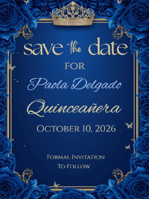 Elegant Deep Blue Floral with Gold Frame and Tiara Quinceanera Save the Date