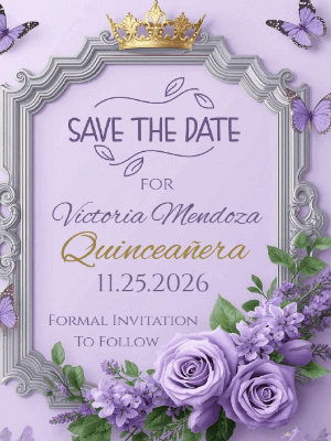 Elegant Purple Floral with Silver Frame and Tiara Quinceanera Save the Date