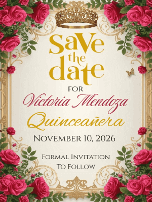 Elegant Modern Deep Pink Floral with Gold Frame Quinceanera Save the Date