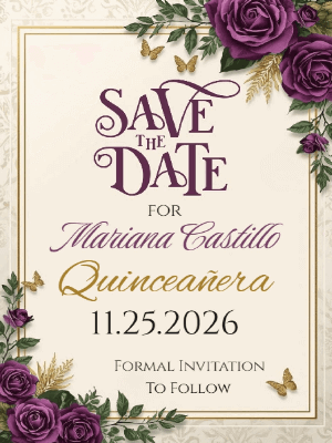 Elegant Modern Deep Purple Floral with Gold Accent Frame Quinceanera Save the Date