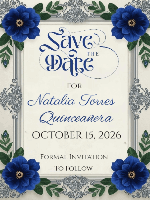 Elegant Deep Blue Floral with Silver Accent Quinceanera Save the Date