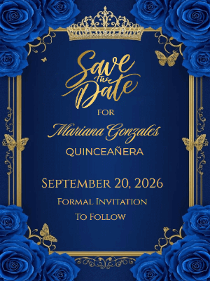 Elegant Royal Blue Floral Tiara Butterfly Quinceanera Save the Date