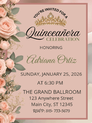 Princess ,Pink and Gold Floral Roses Quinceañera Birthday