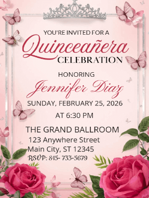 Princess Butterfly Pink Floral Quinceañera Birthday