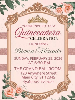 Pink and Gold Tiara Gingham Quinceañera Birthday