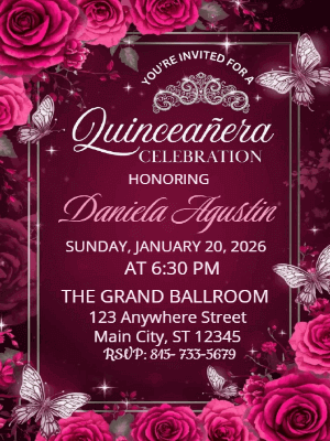 Elegant Tiara Butterfly Pink Floral Quinceañera Birthday