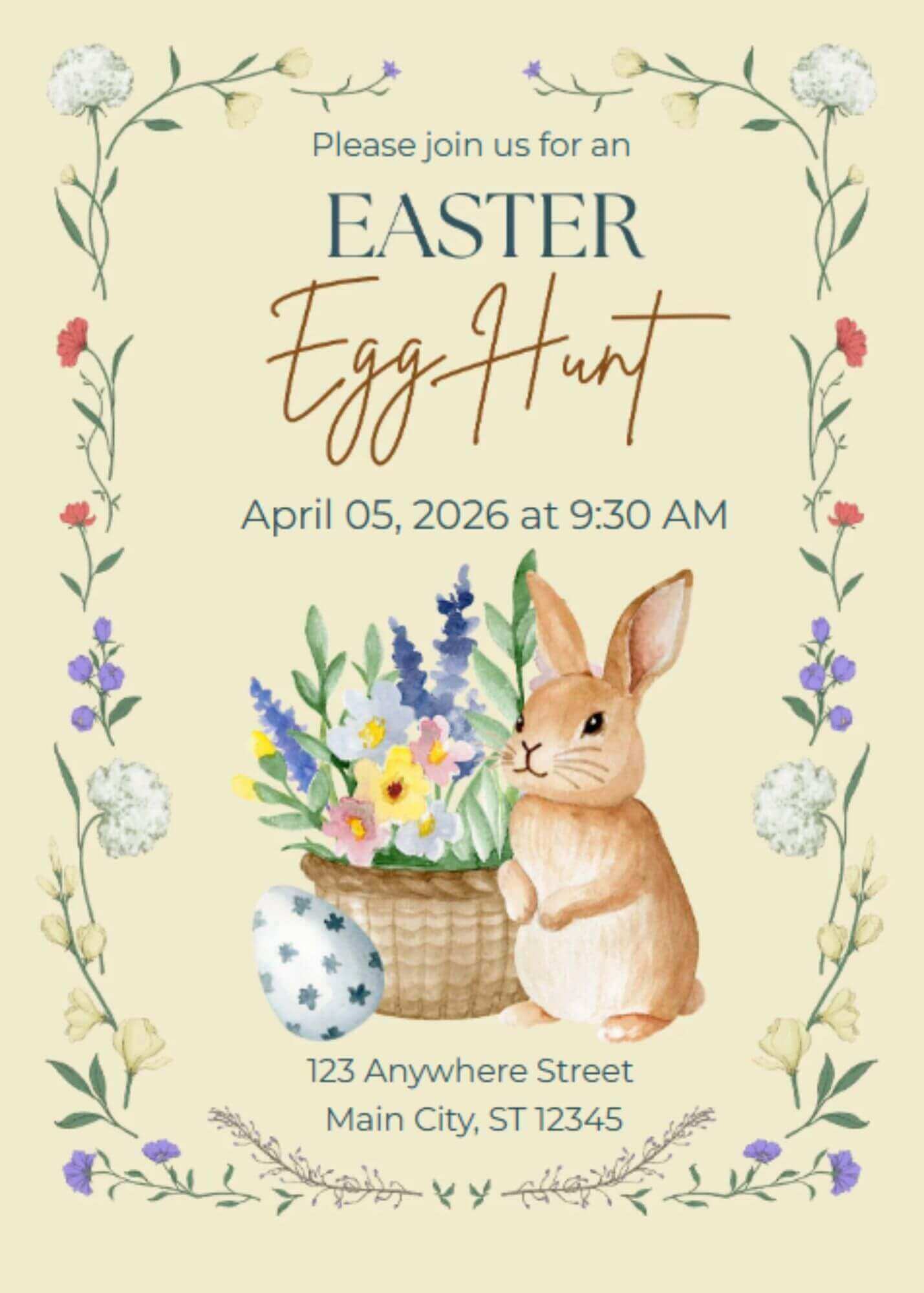 Fun Easter Egg Hunt Spring Flowers and Egg Bunny Easter Invitation