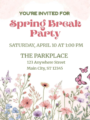 Spring Floral Invitation Pink Floral Spring Break Party Invitation