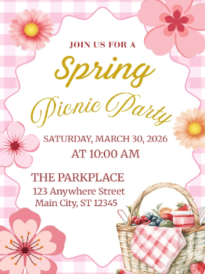 Spring Picnic Floral Invitation Pink Gingham Spring Party Invitation