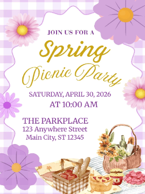Spring Picnic Floral Invitation Purple Gingham Spring Party Invitation