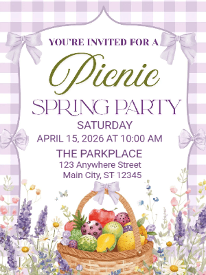 Spring Picnic Floral Invitation Purple Gingham Coquette Floral Spring Party Invitation