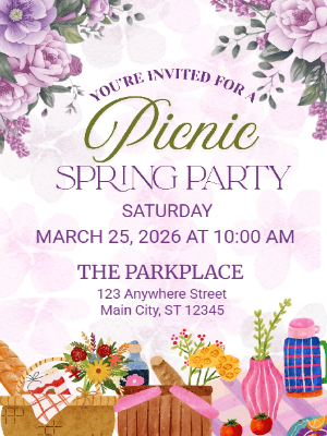 Spring Picnic Floral Invitation Purple Floral Spring Party Invitation