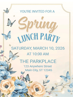 Spring Floral Invitation Blue Floral Butterfly Spring Lunch Party Invitation
