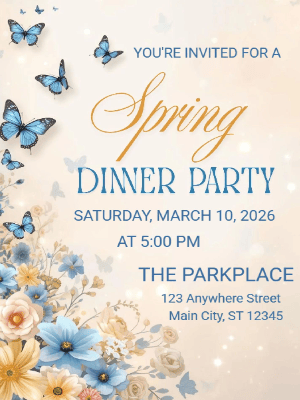 Spring Floral Invitation Blue Floral Butterfly Spring Dinner Party Invitation