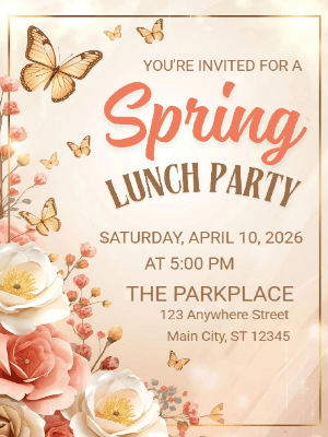Spring Floral Invitation Pink Floral Butterfly Spring Lunch Party Invitation