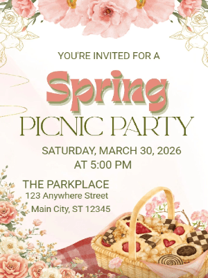 Spring Floral Invitation Pink Floral Spring Picnic Party Invitation