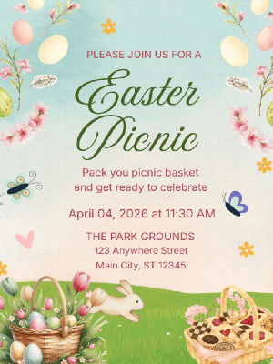 Floral Easter Picnic with Easter Egg and Bunny Easter Picnic Party Invitation