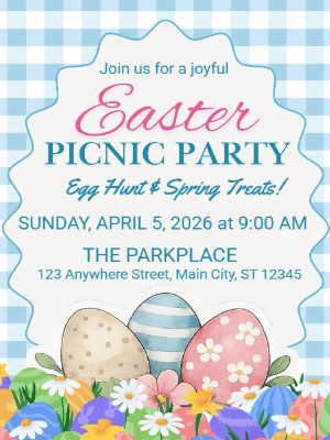 Easter Egg Picnic Invitation  Easter Blue Gingham Picnic Invitation Spring Easter Party Invitation