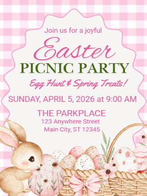 Easter Egg Picnic Invitation  Easter Pink Gingham Invitation Spring Easter Picnic Party Invitation