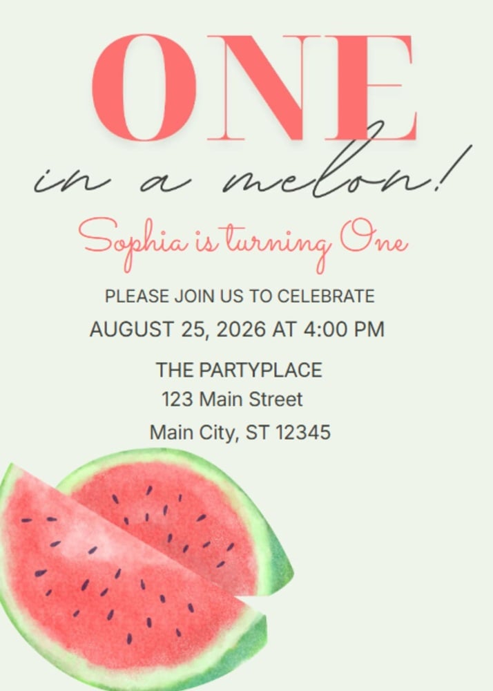One in a Melon Cute Watermelon Girl 1st Birthday Invitation