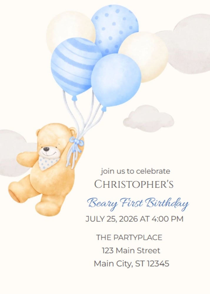 Beary First Blue Balloon Boy 1st Birthday Cute Teddy Invitation